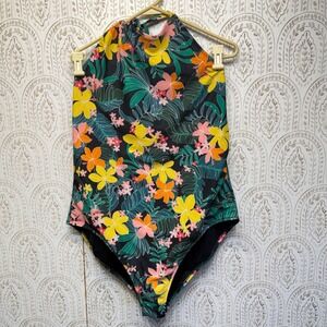Old Navy One Piece Swimsuit Womens 2X Black Floral Tropical Halter Neck Tie Back